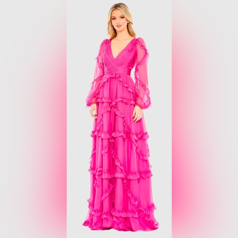 Mac Duggal Hot Pink Ruffled V-Neck Long Sleeve Gown